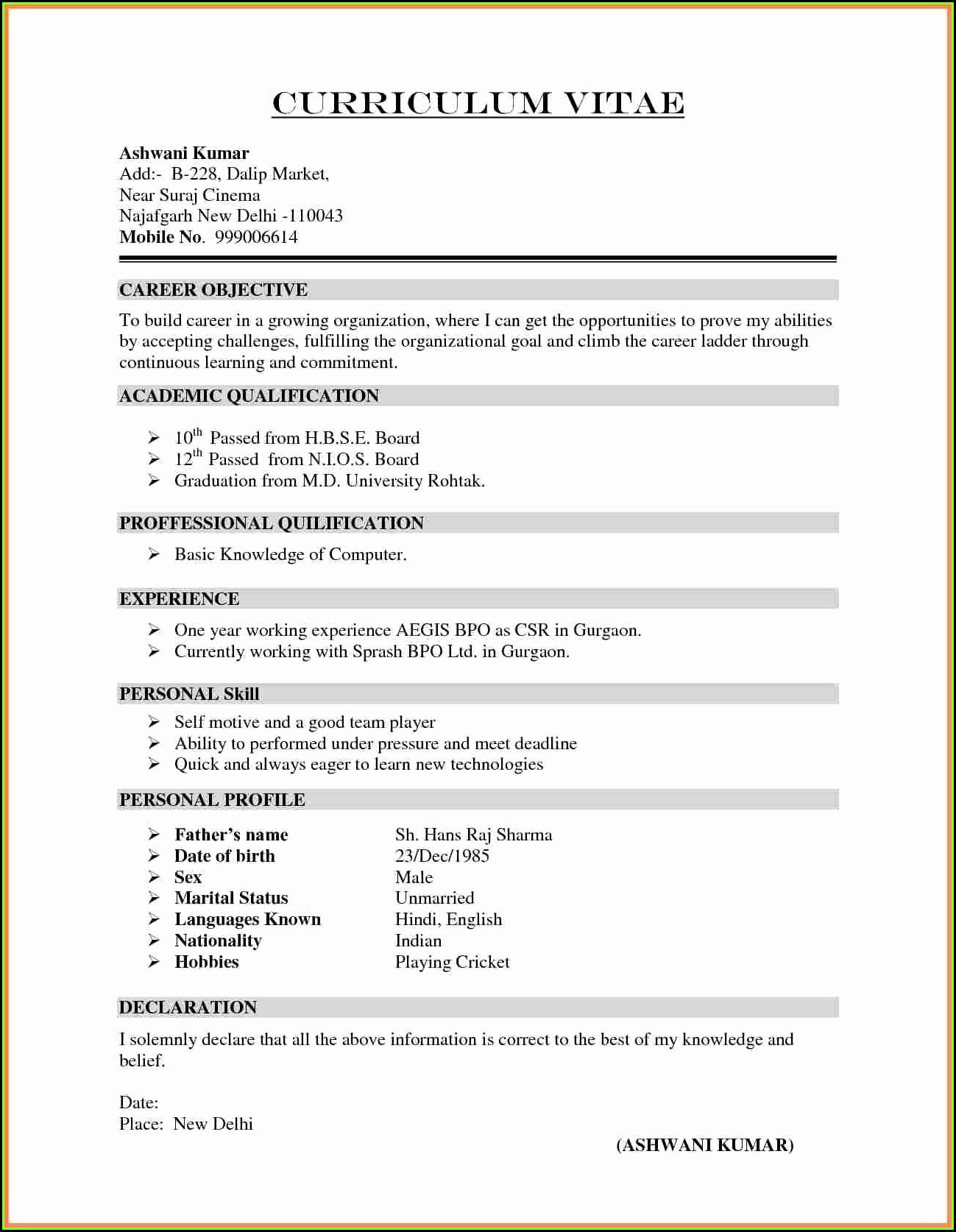 Free Resume Samples Download For Freshers