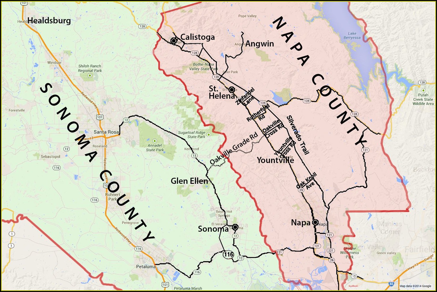 Map Sonoma Napa Valley California