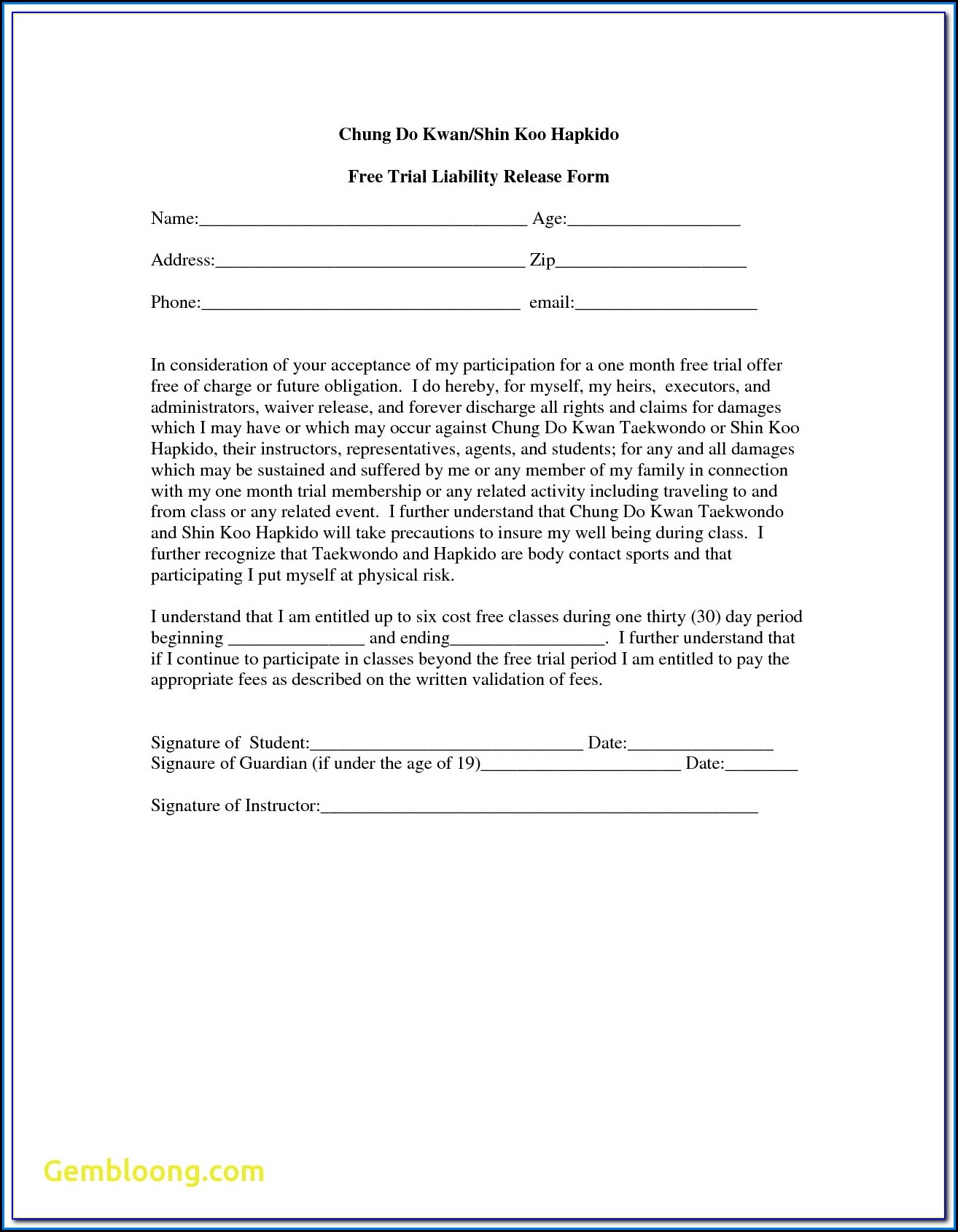 Free Liability Waiver Form Australia