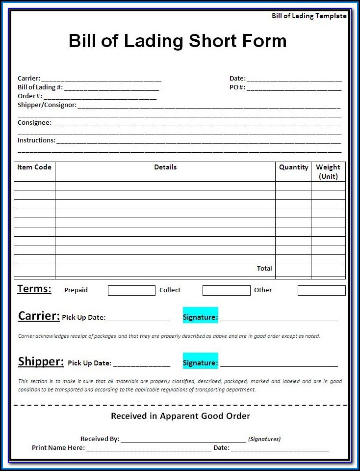 Free Printable Bill Of Lading Form