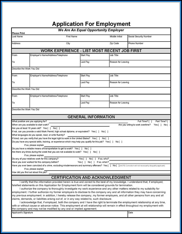 Free Printable Blank Employment Application Form