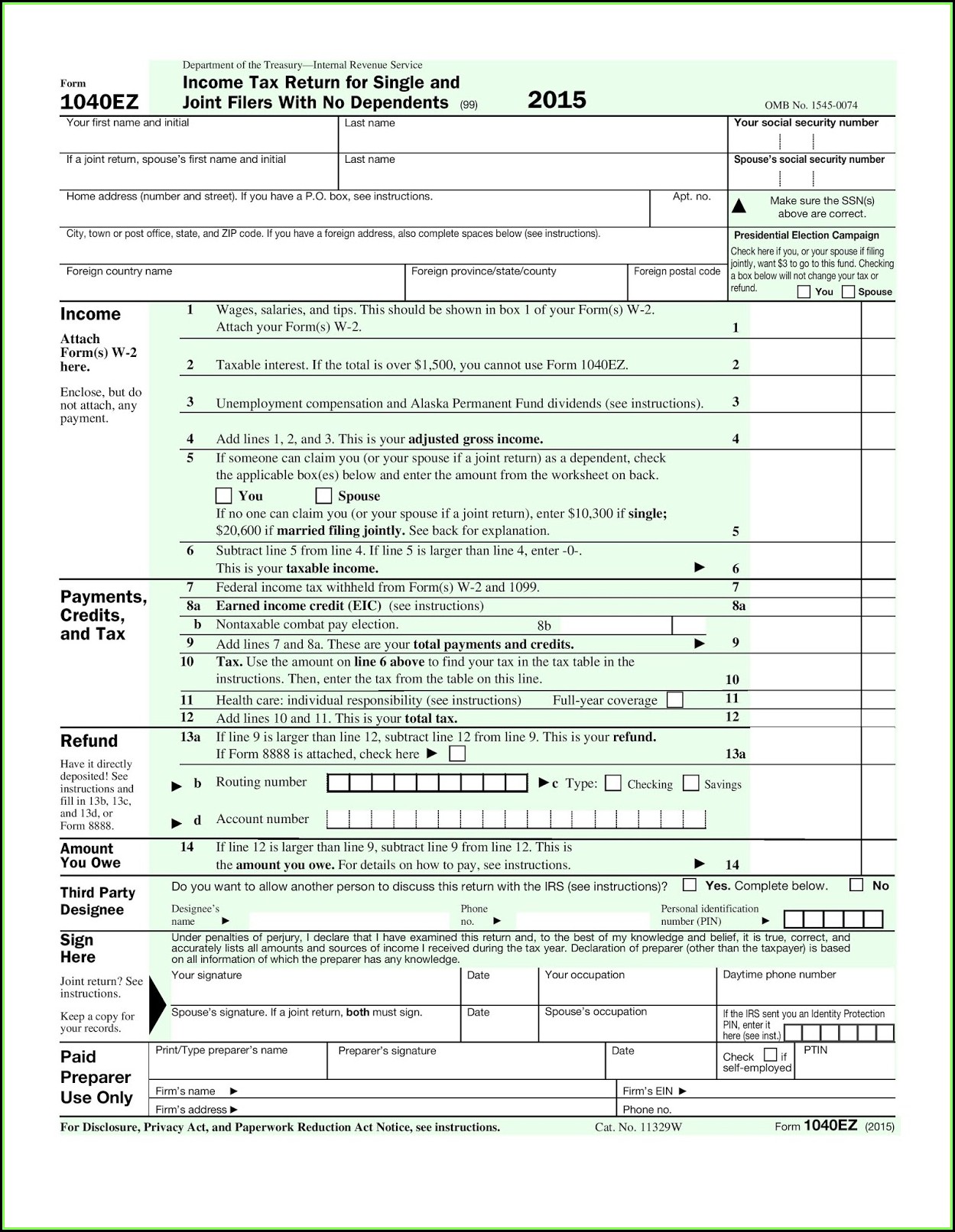 Income Tax Form 1040ez 2015