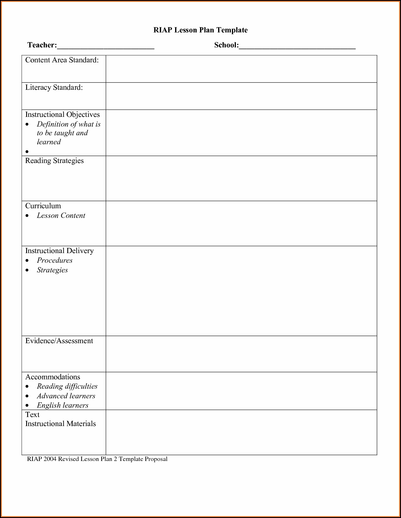Lesson Plan Templates For Middle School