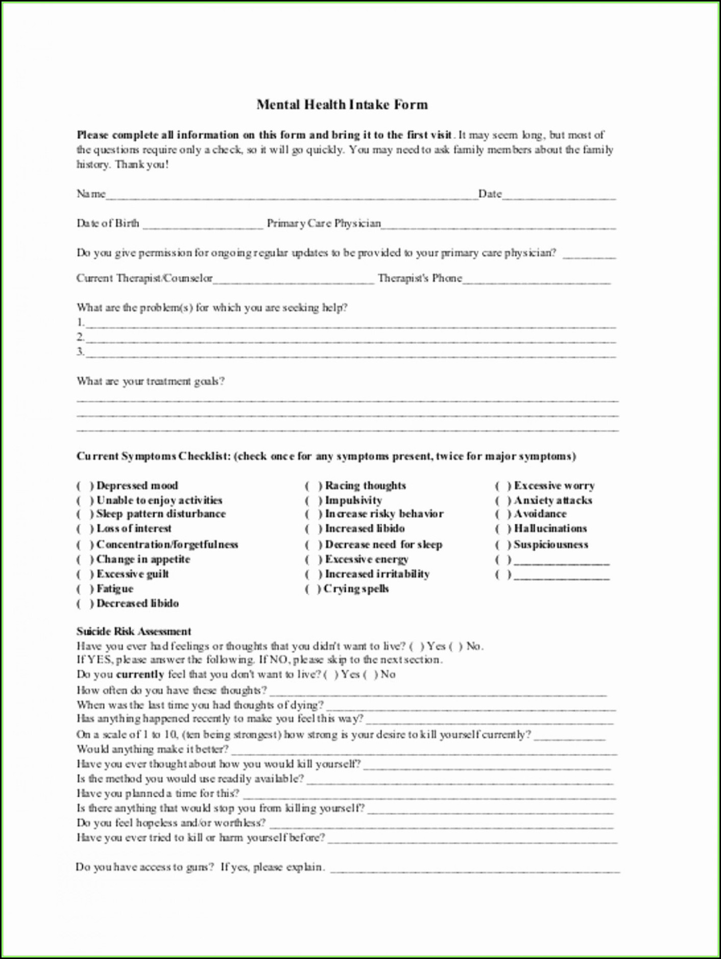 Massage Therapy Intake Forms Templates