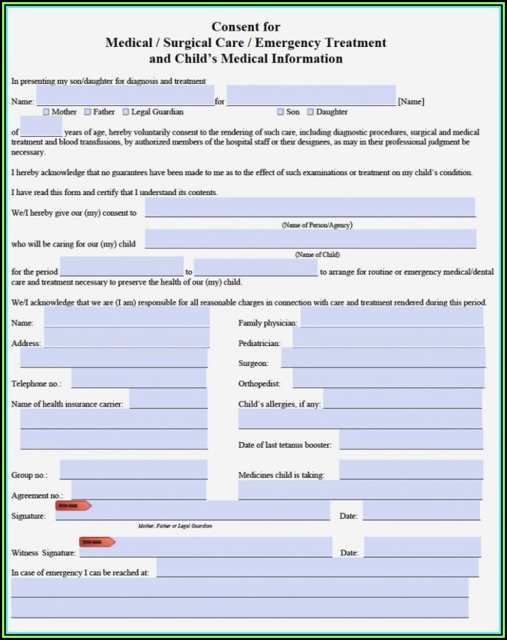 Medical Consent Form For Child On Vacation