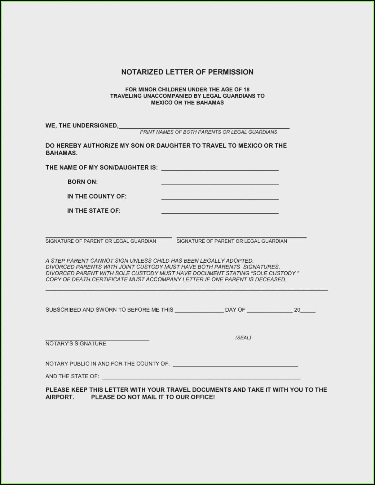 Medical Consent Form For Child Traveling Without Parents