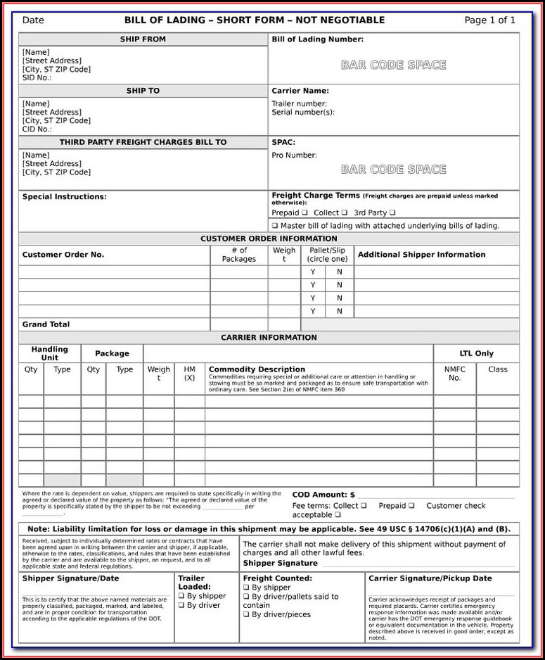 Printable Bill Of Lading Forms Free