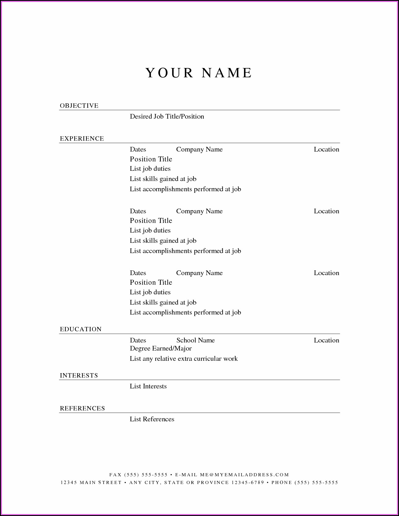 Printable Sample Resume Templates