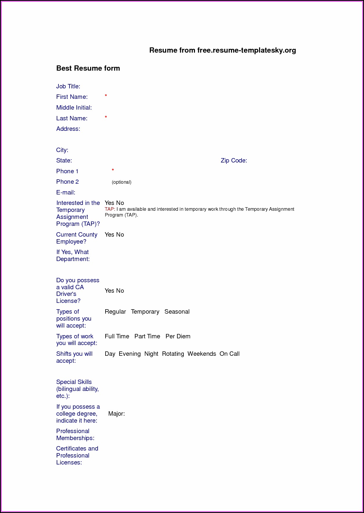Resume Blank Form Free Download