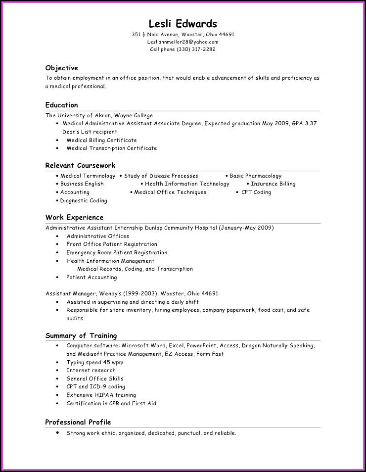Resume For Entry Level Medical Billing And Coding