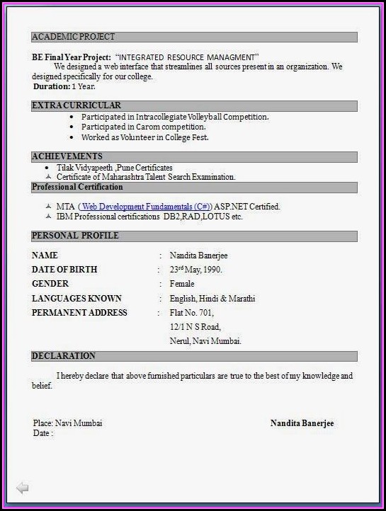 Resume For Freshers Engineers Doc