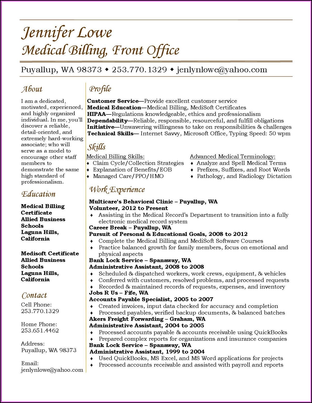 Resume For Medical Billing And Coding Specialist