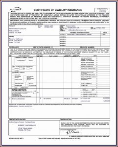 Sample Certificate Of Insurance Acord Form