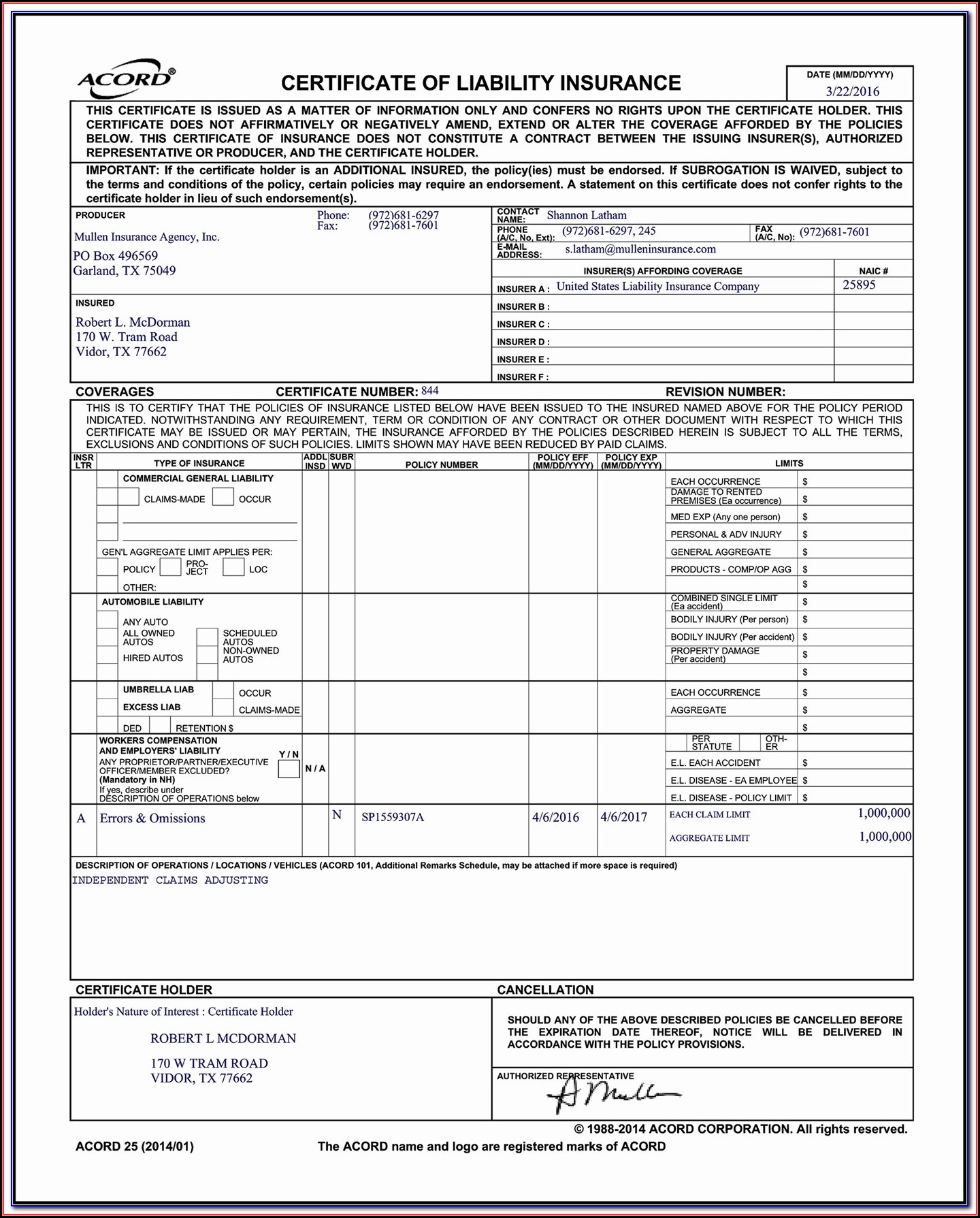 Sample Certificate Of Insurance Acord Form
