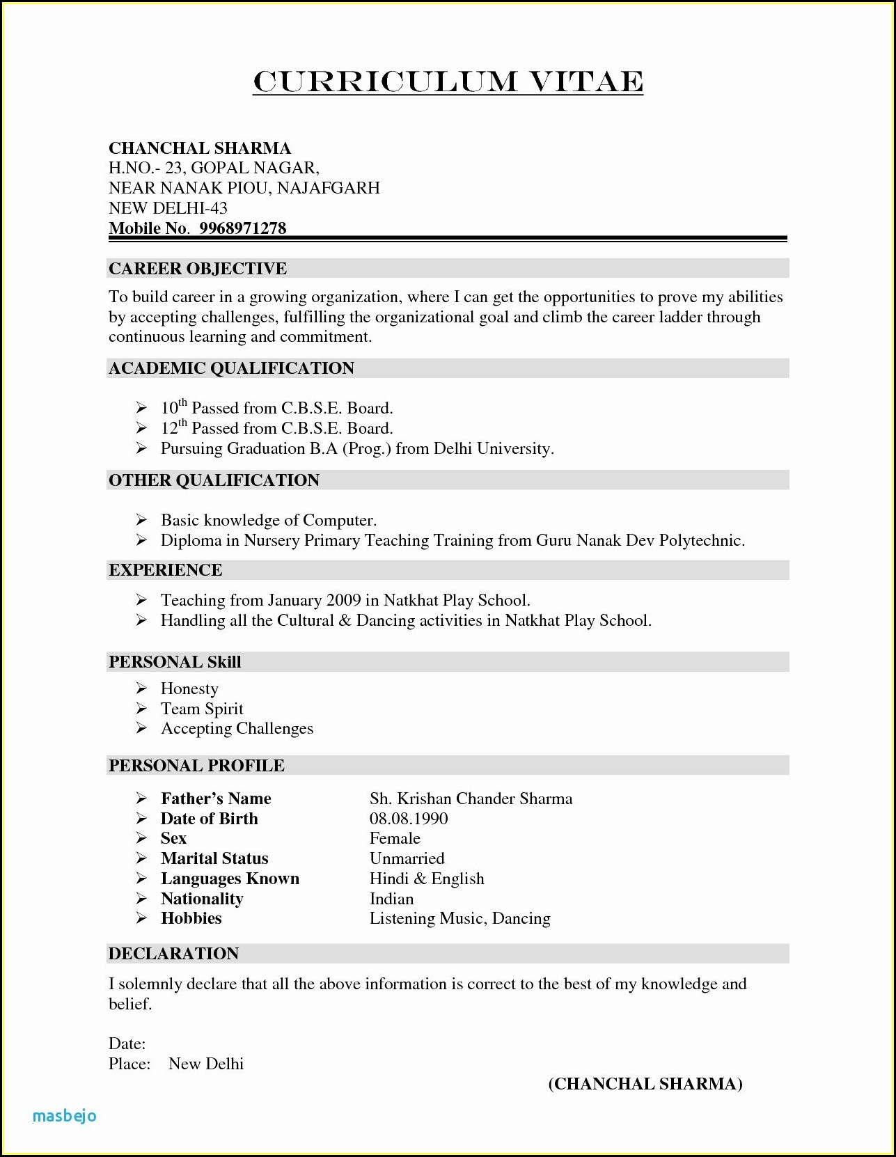 Sample Resume For Mba Freshers Download