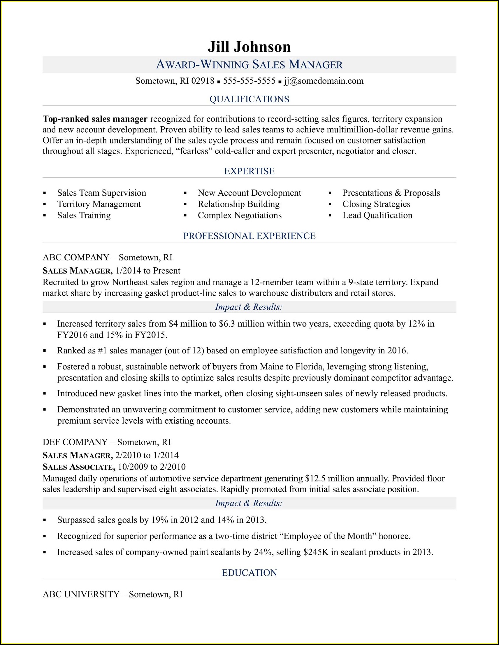 Sample Resume For Sales Manager