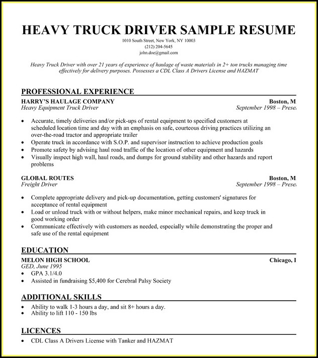 Truck Driver Resume Job Description