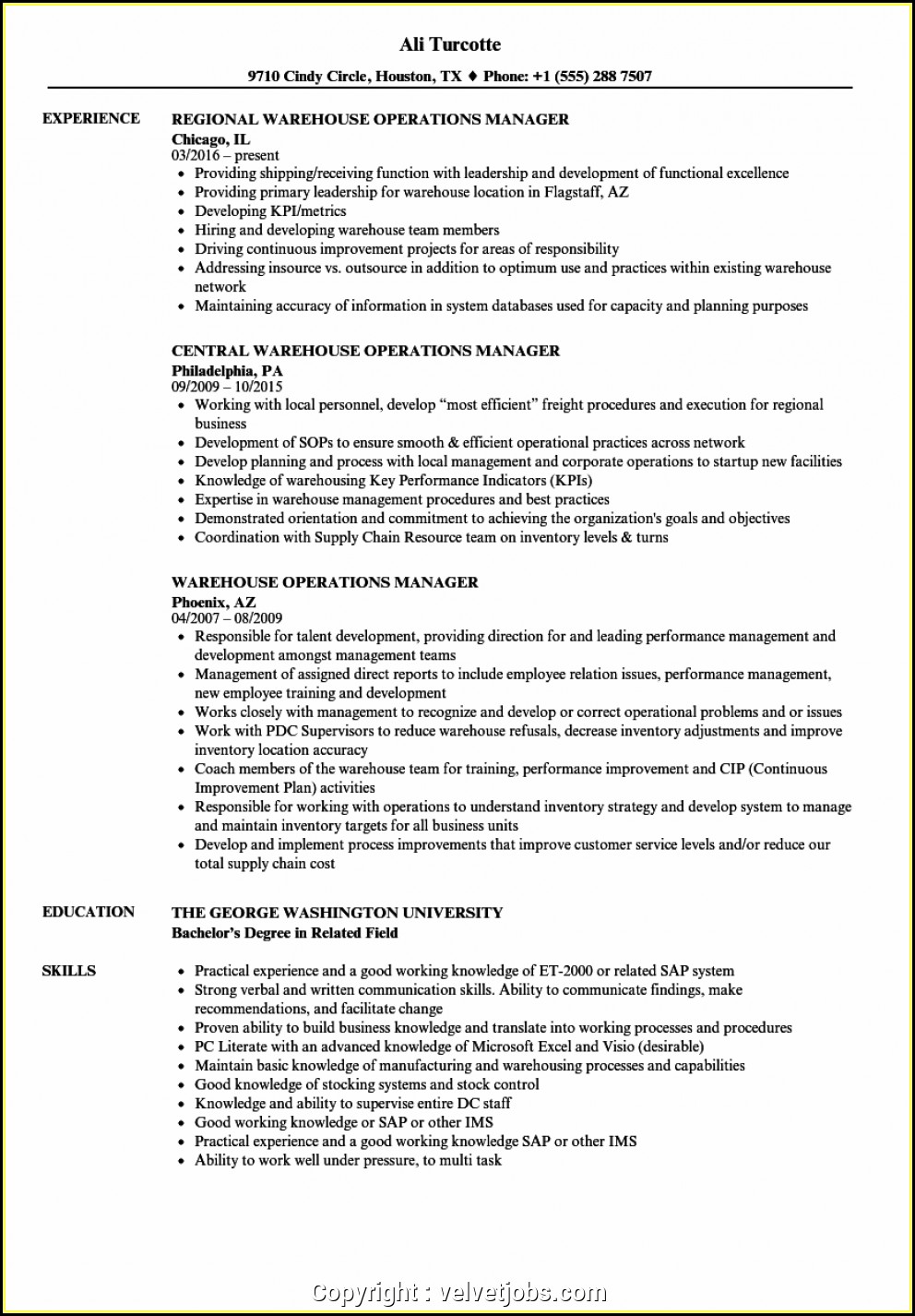 Warehouse Operations Manager Resume Sample