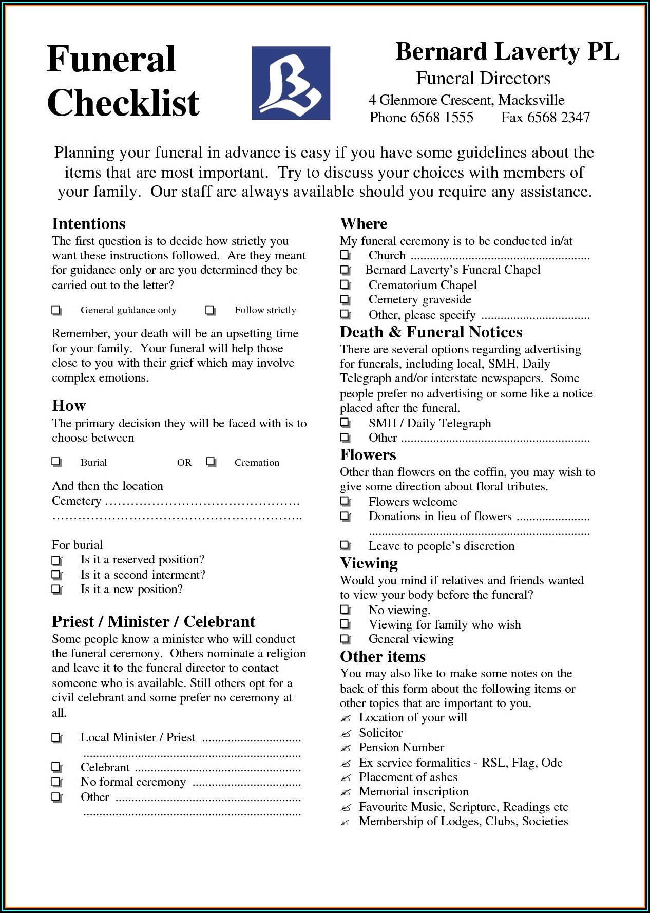 Funeral Checklist Template Australia