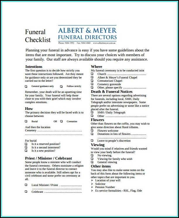 Funeral Checklist Template Uk