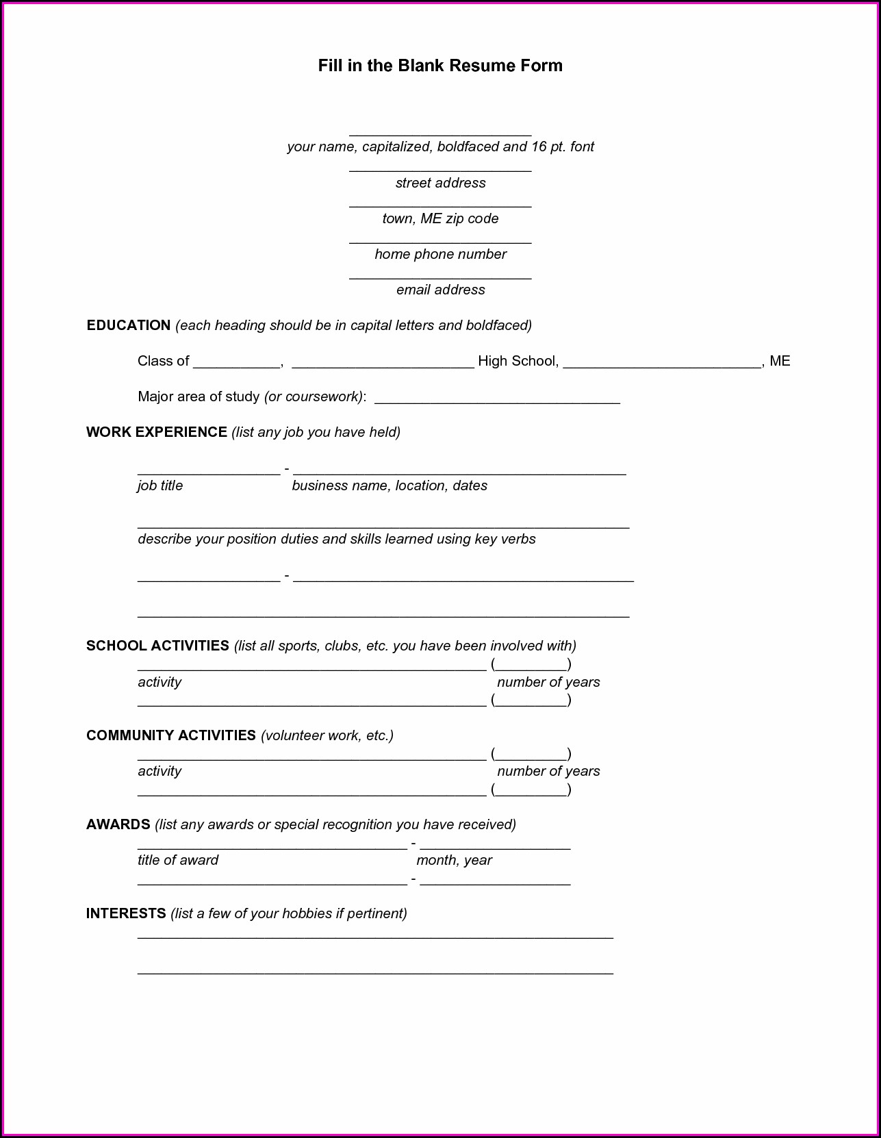 Blank Resume Forms To Fill Out