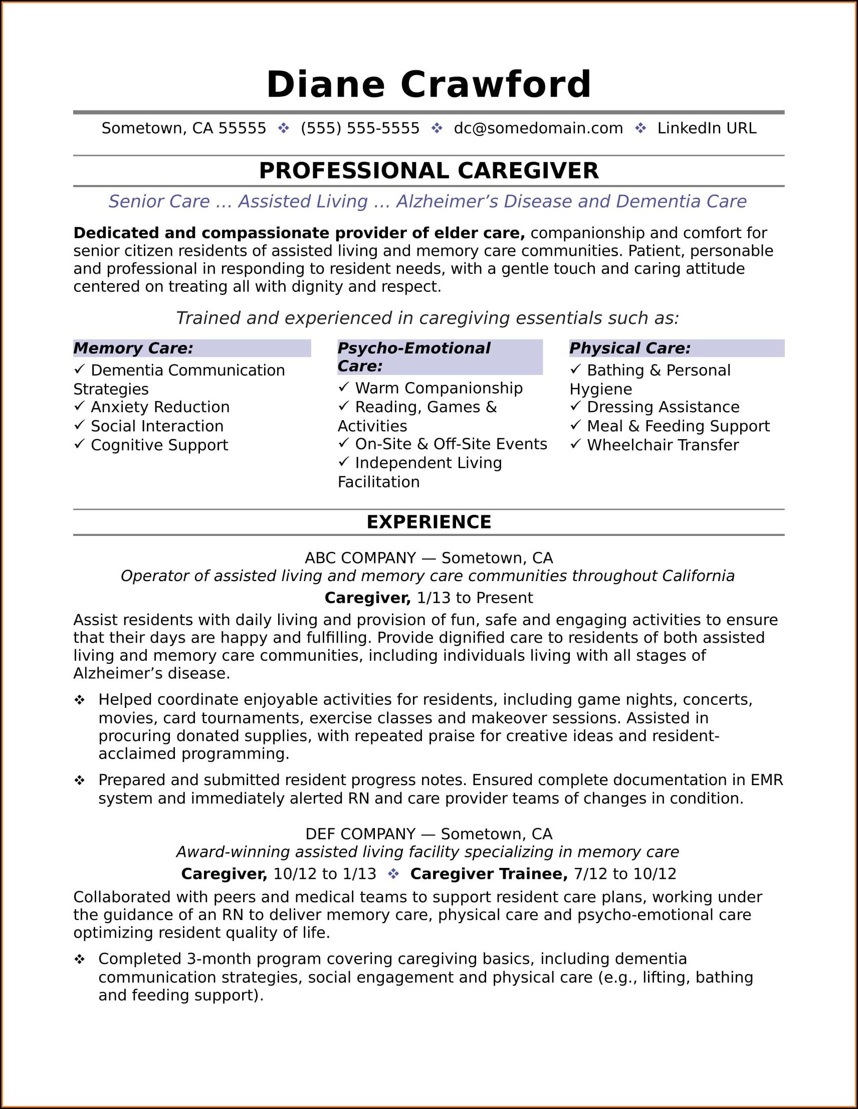 Sample Caregiver Resume Template