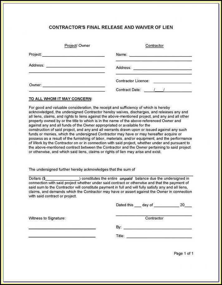 Subcontractor Lien Waiver Form Mn