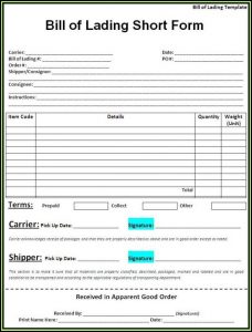 Bill Of Lading Short Form Template