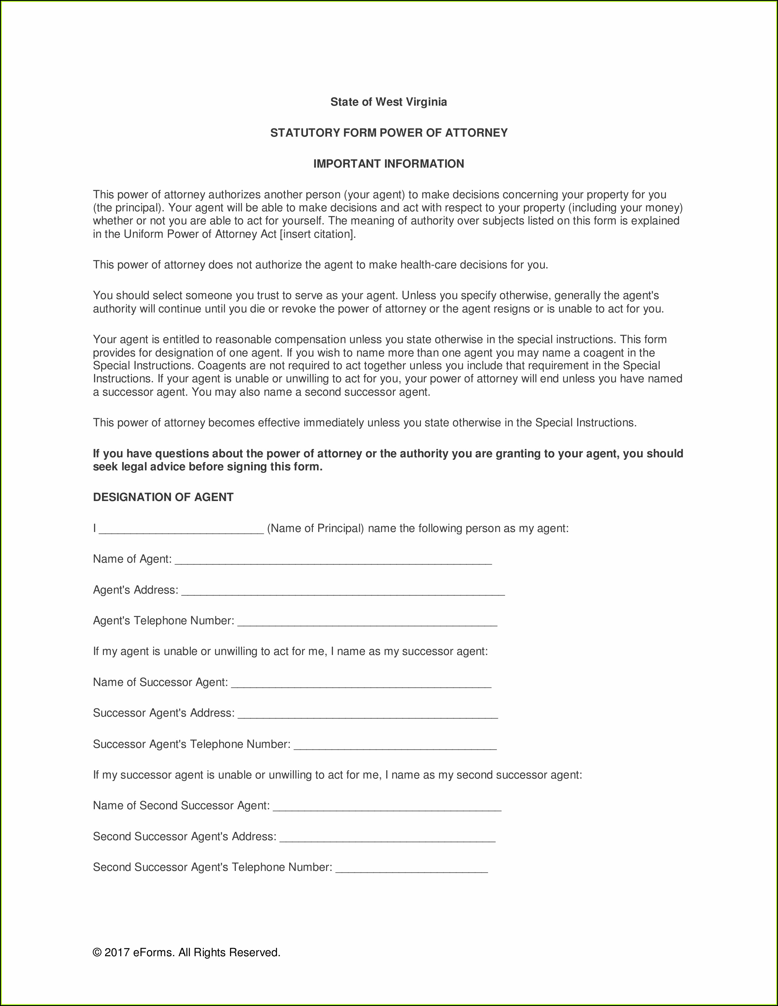 Free Power Of Attorney Form West Virginia