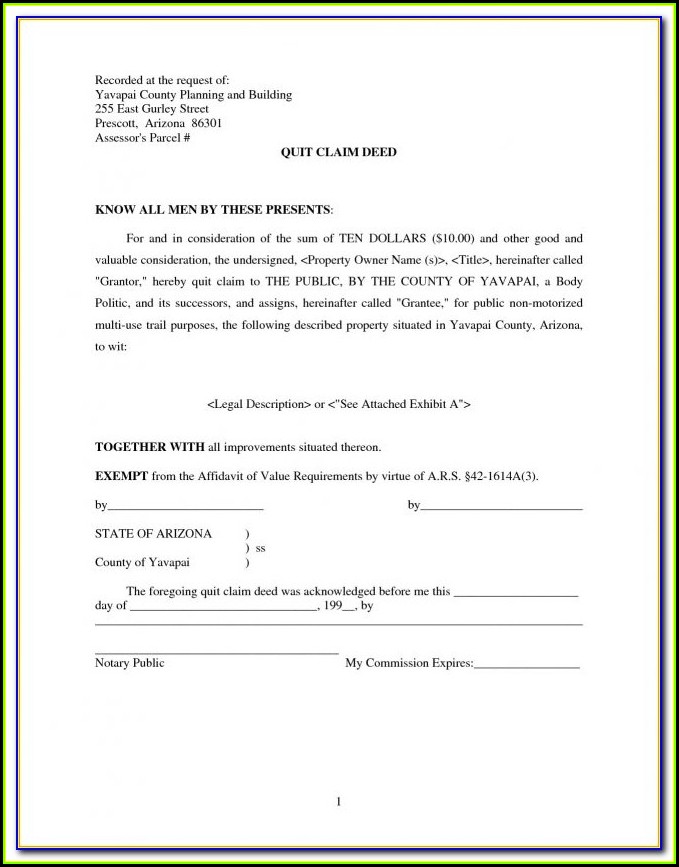 Free Printable Quit Claim Deed Form Arizona