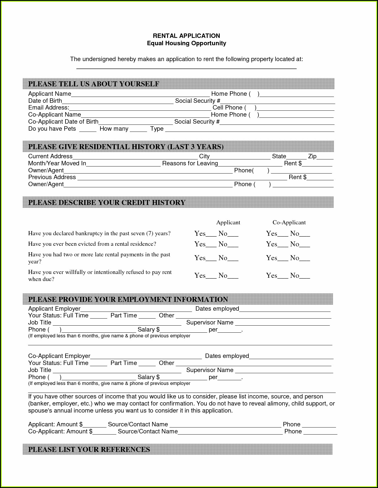 Free Printable Rental Application Form Canada
