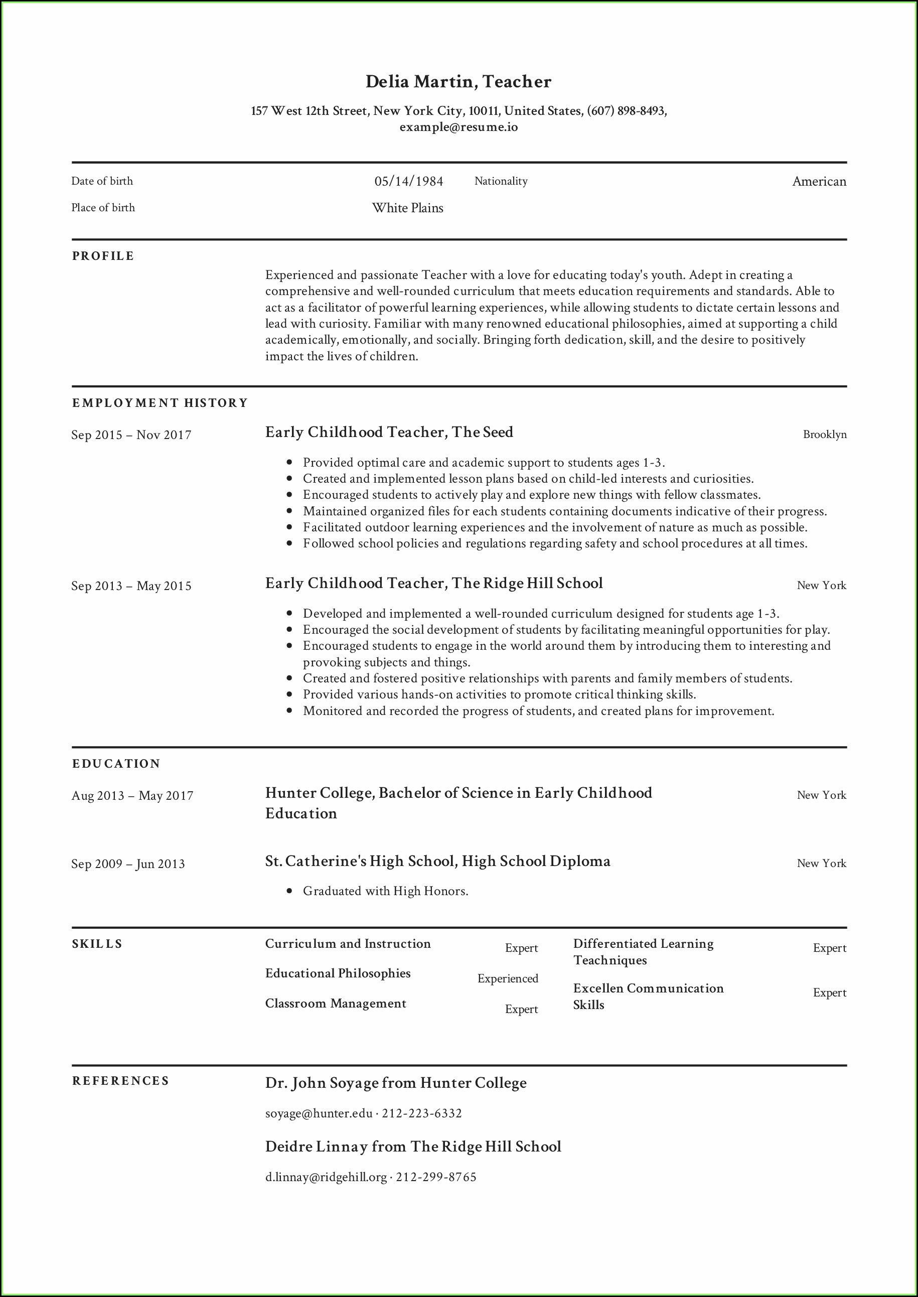 Free Resume Template For Teacher