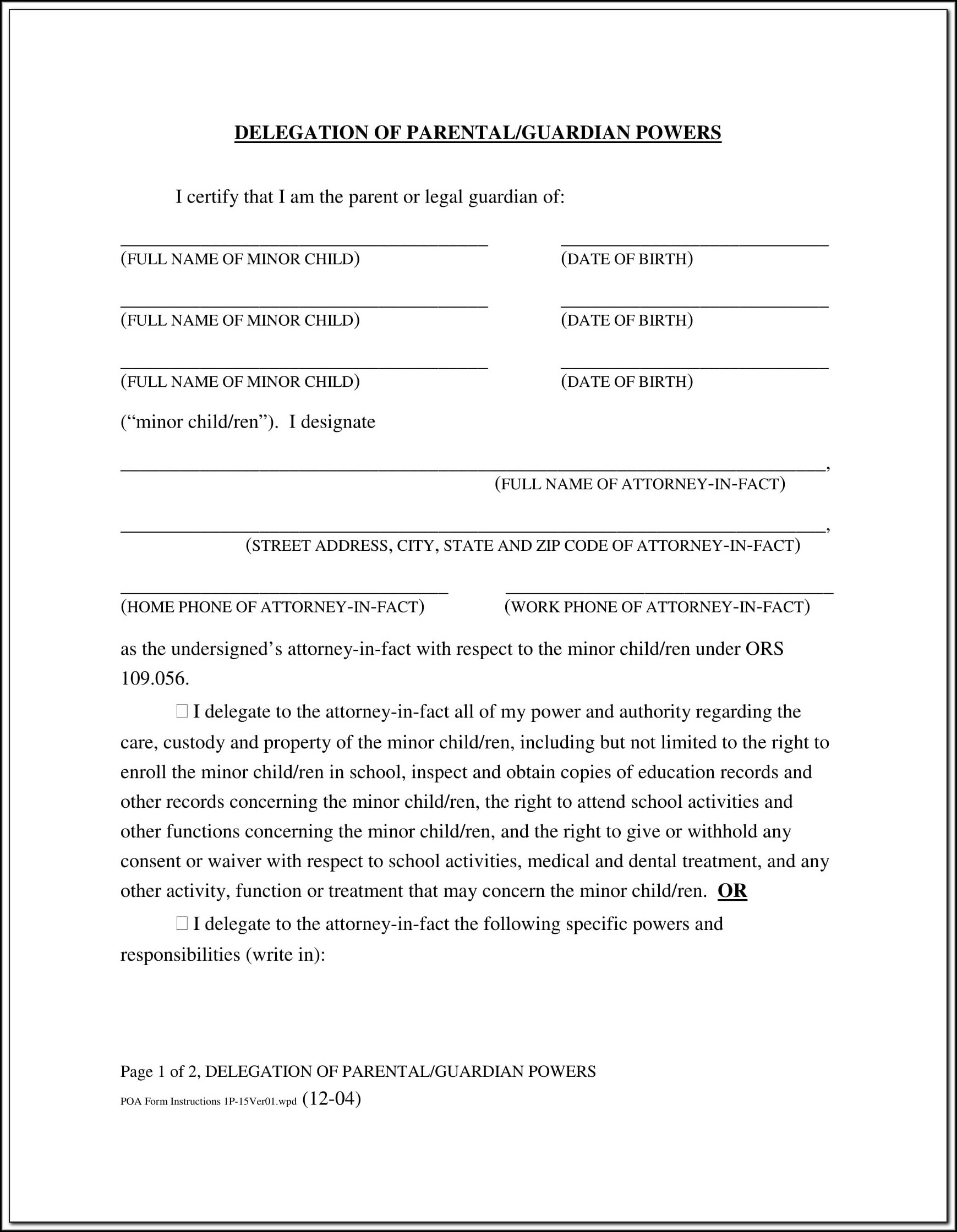 Guardianship Power Of Attorney Form
