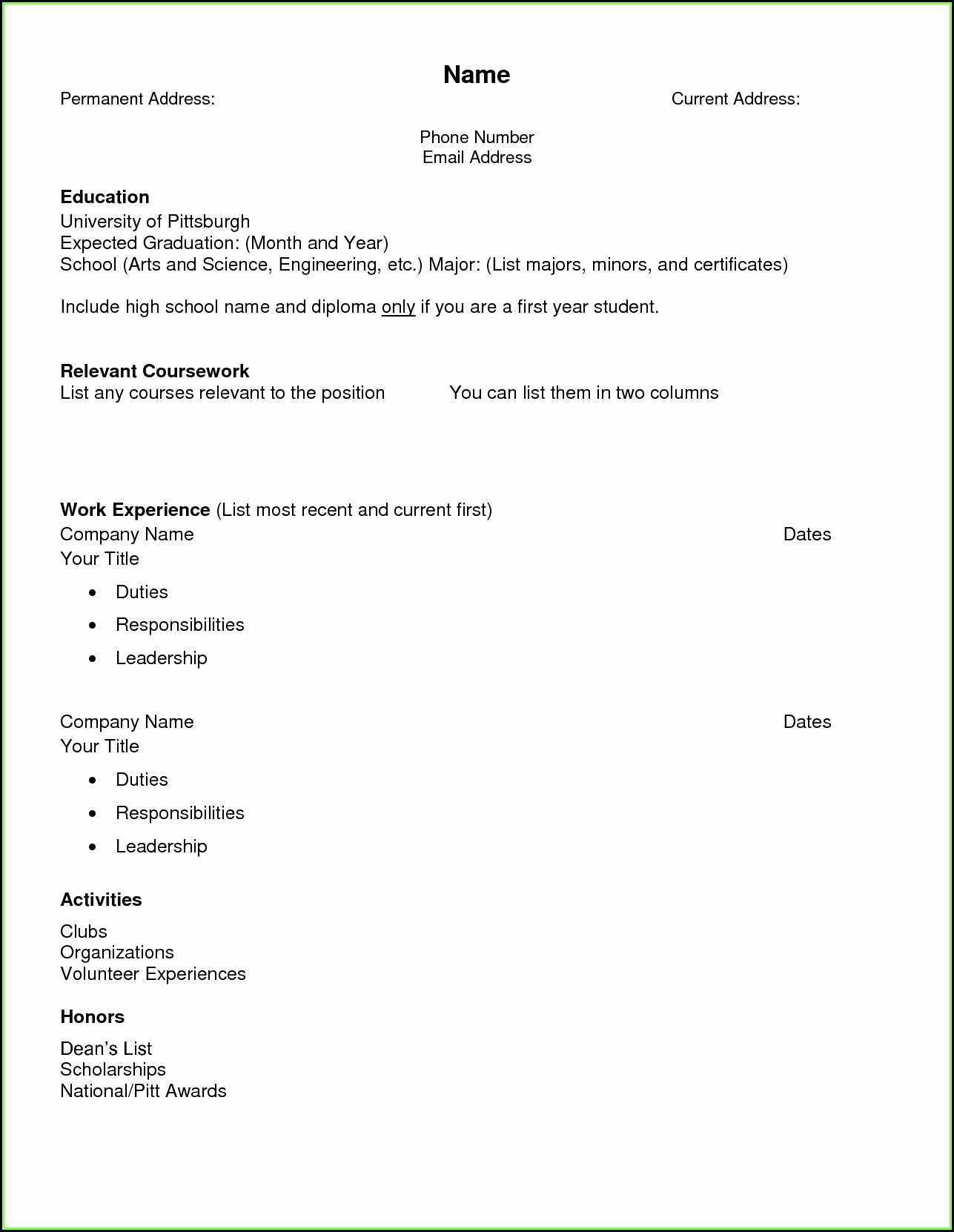 High School Resume Template Printable