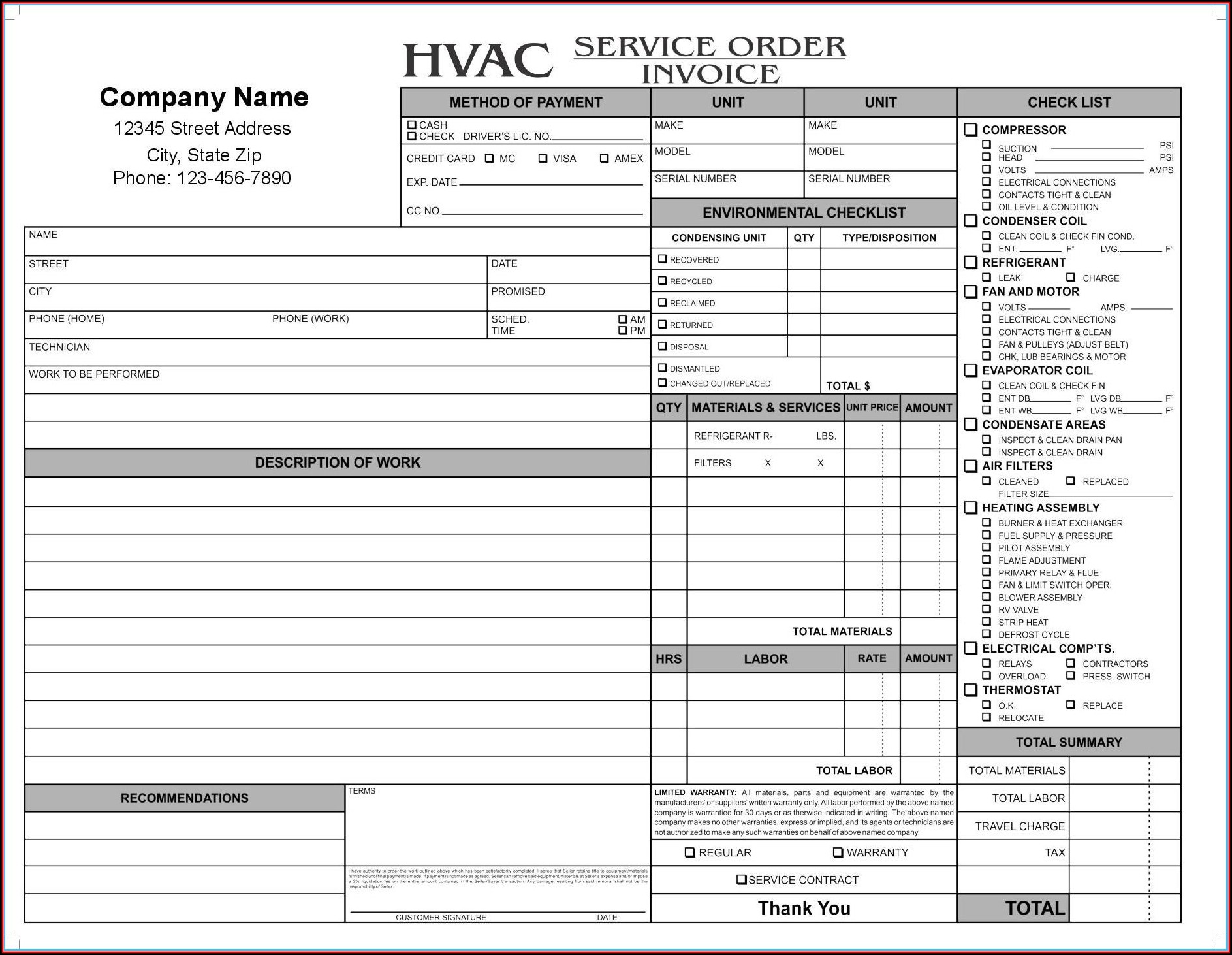 Hvac Service Invoice Template Free