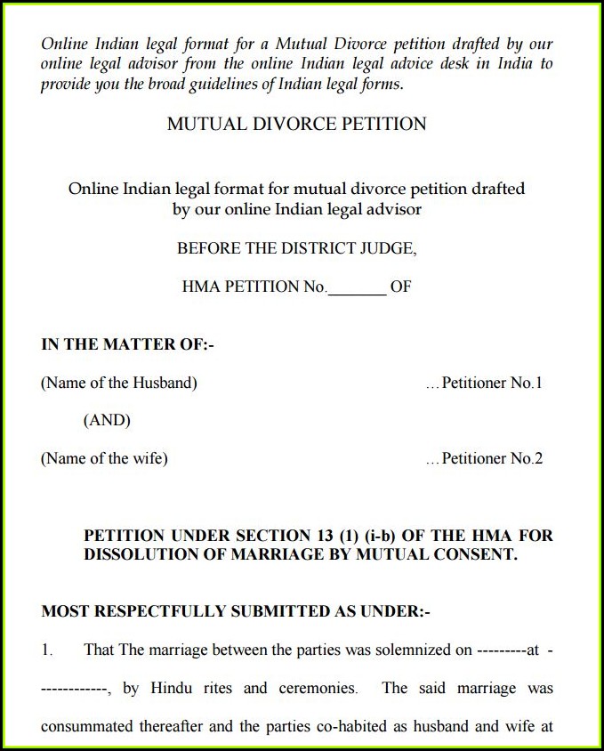 Indian Mutual Divorce Petition Format