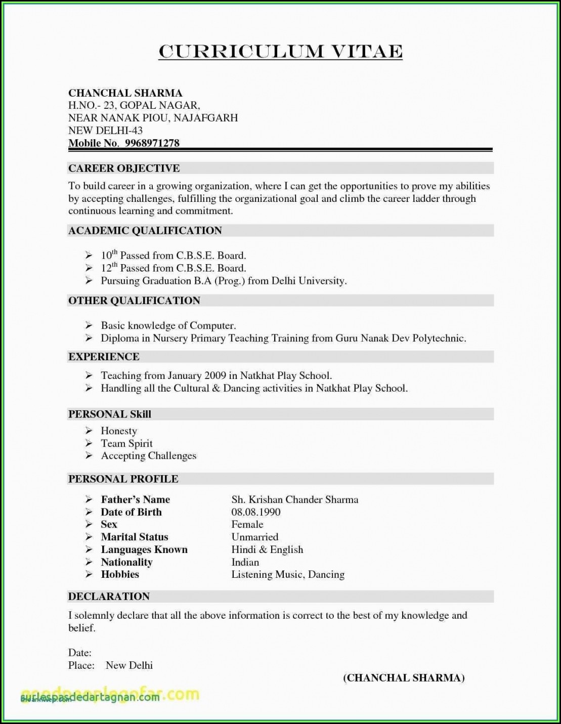 Indian School Teacher Resume Format In Word