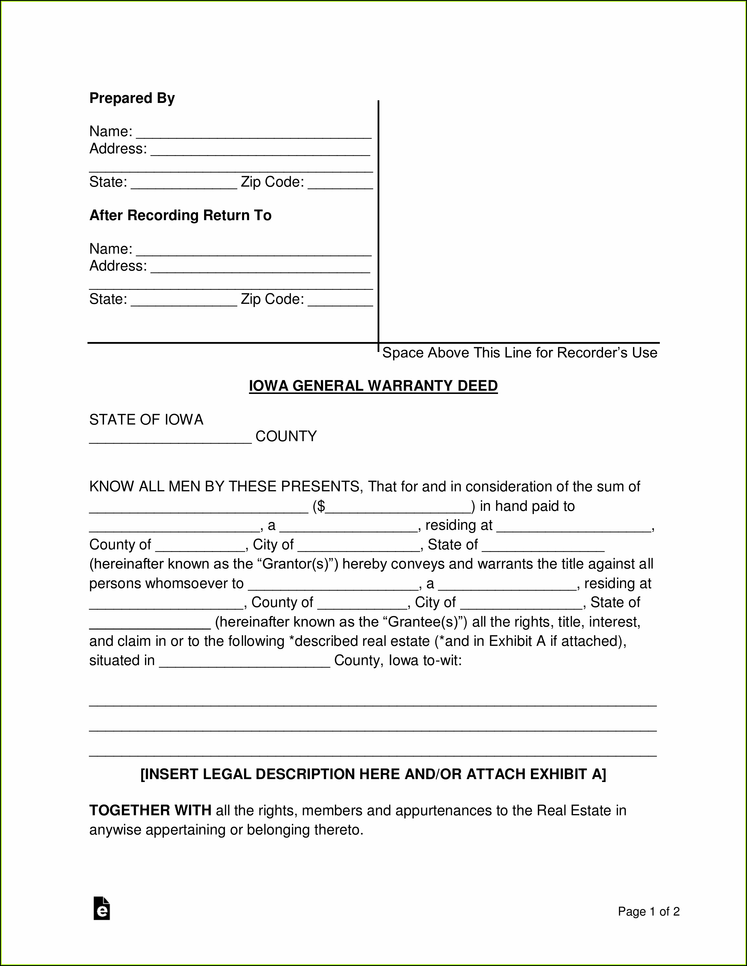 Iowa Special Warranty Deed Form