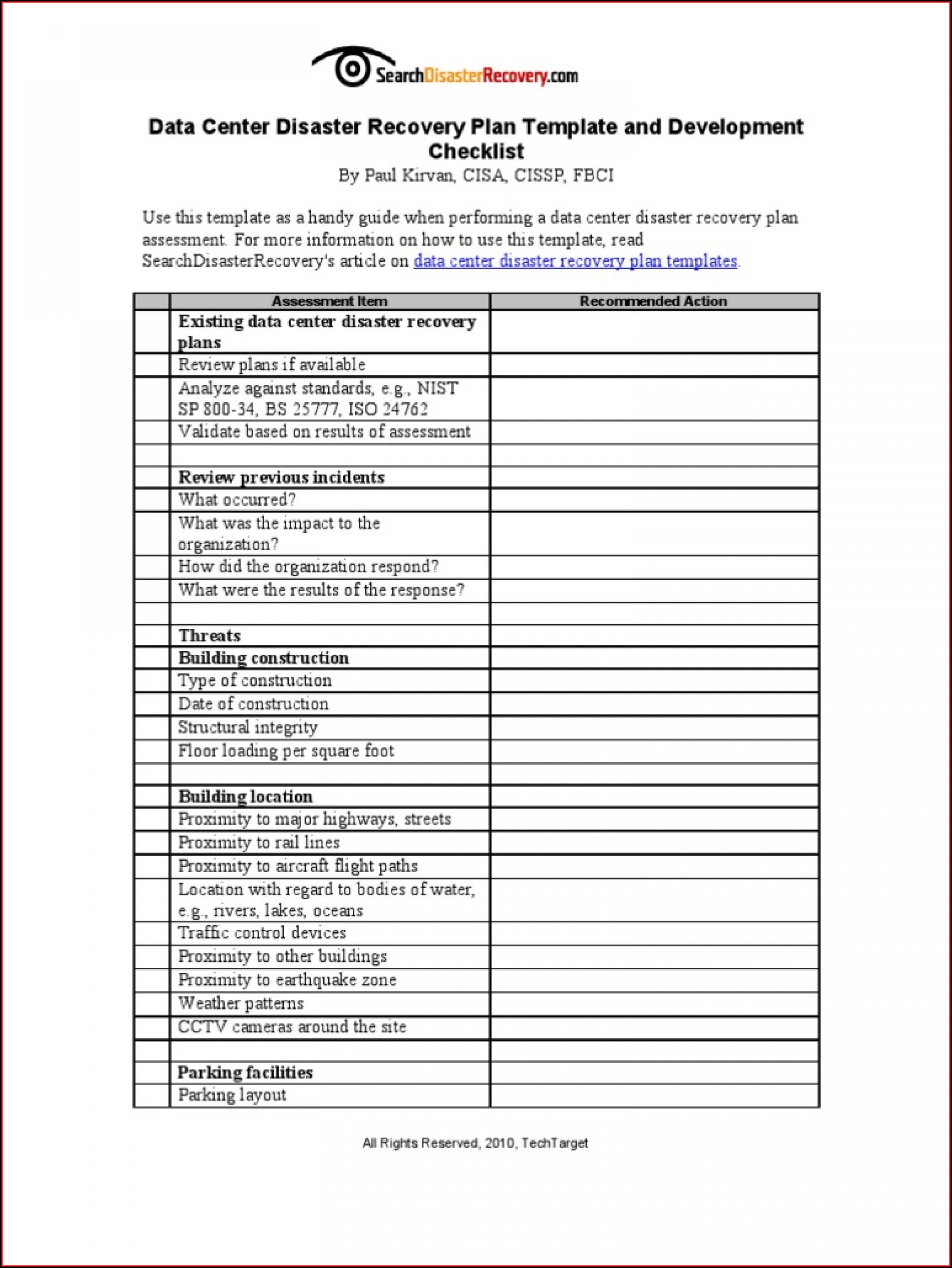 It Disaster Recovery Plan Template Excel