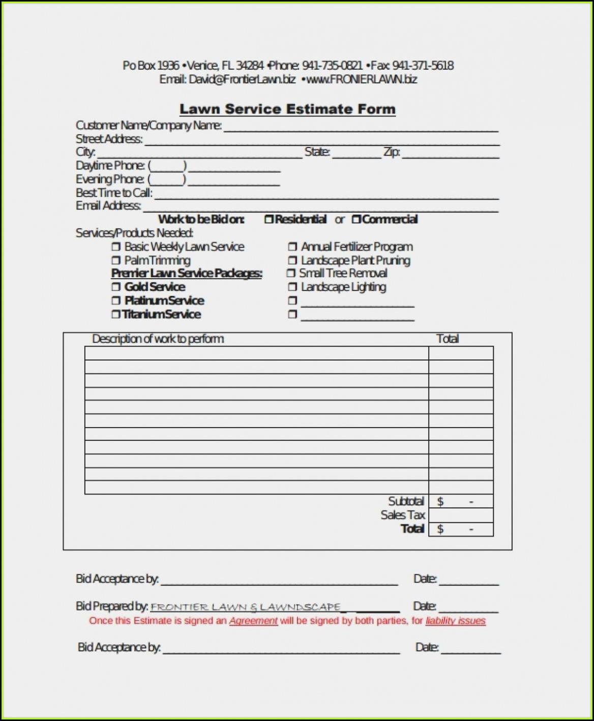 Lawn Care Estimate Form Pdf