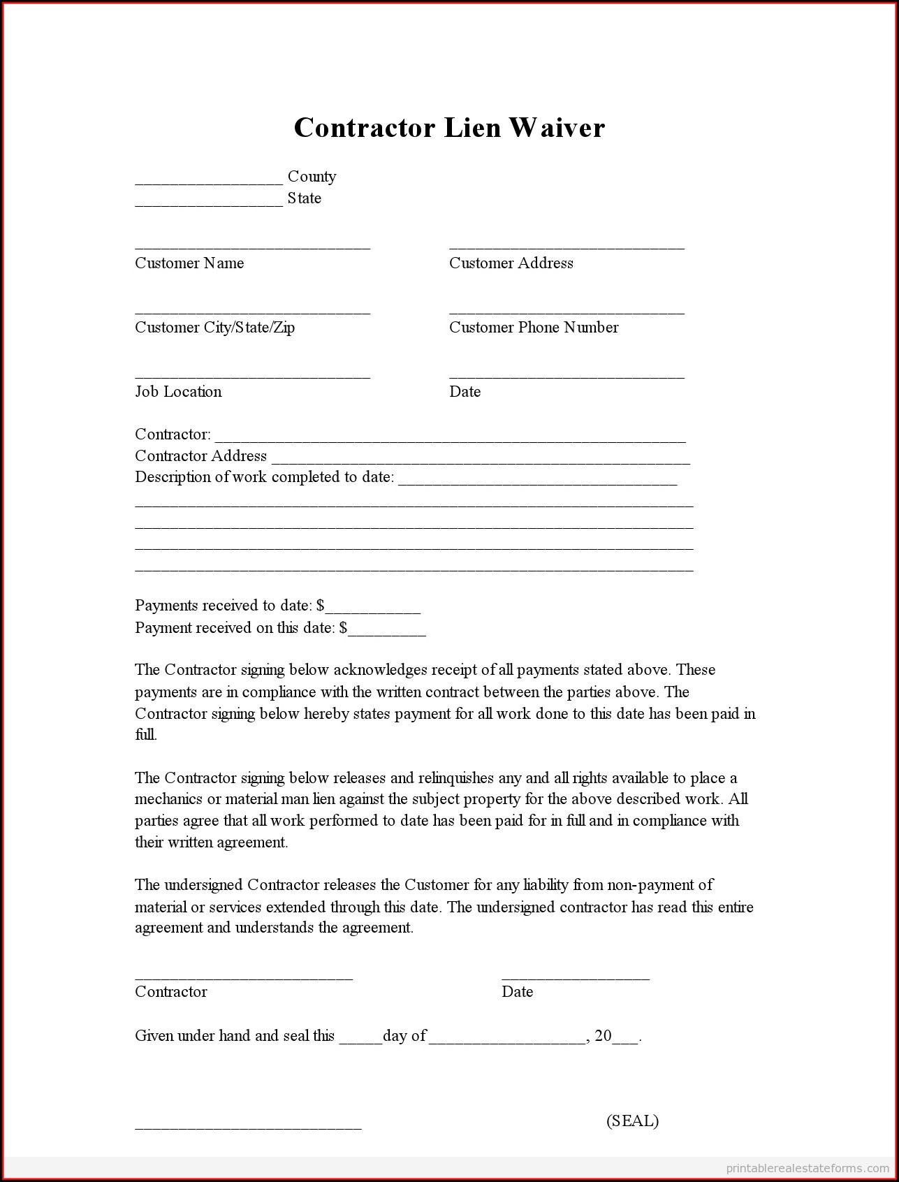 Lien Waiver Template Free