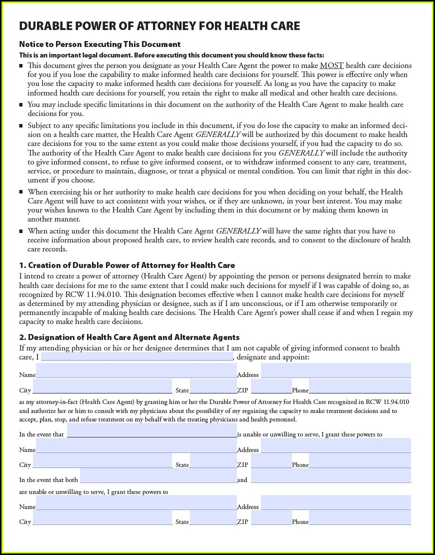 Medical Durable Power Of Attorney Form Washington State