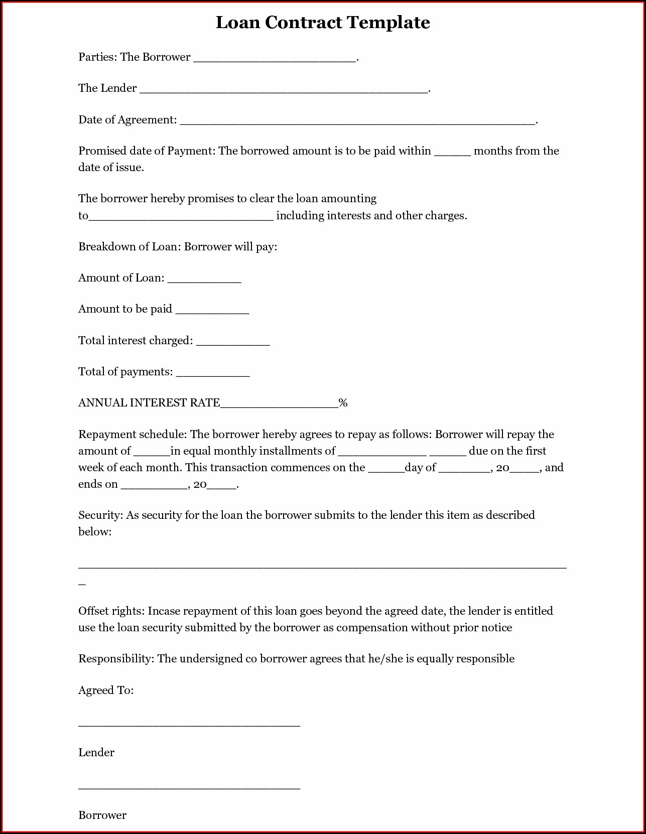 Personal Loan Contract Template Word