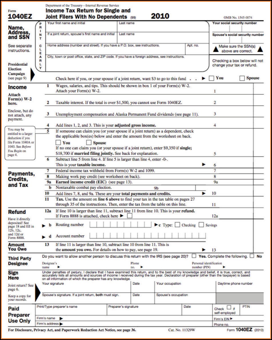 Printable Irs Form 1040ez 2014