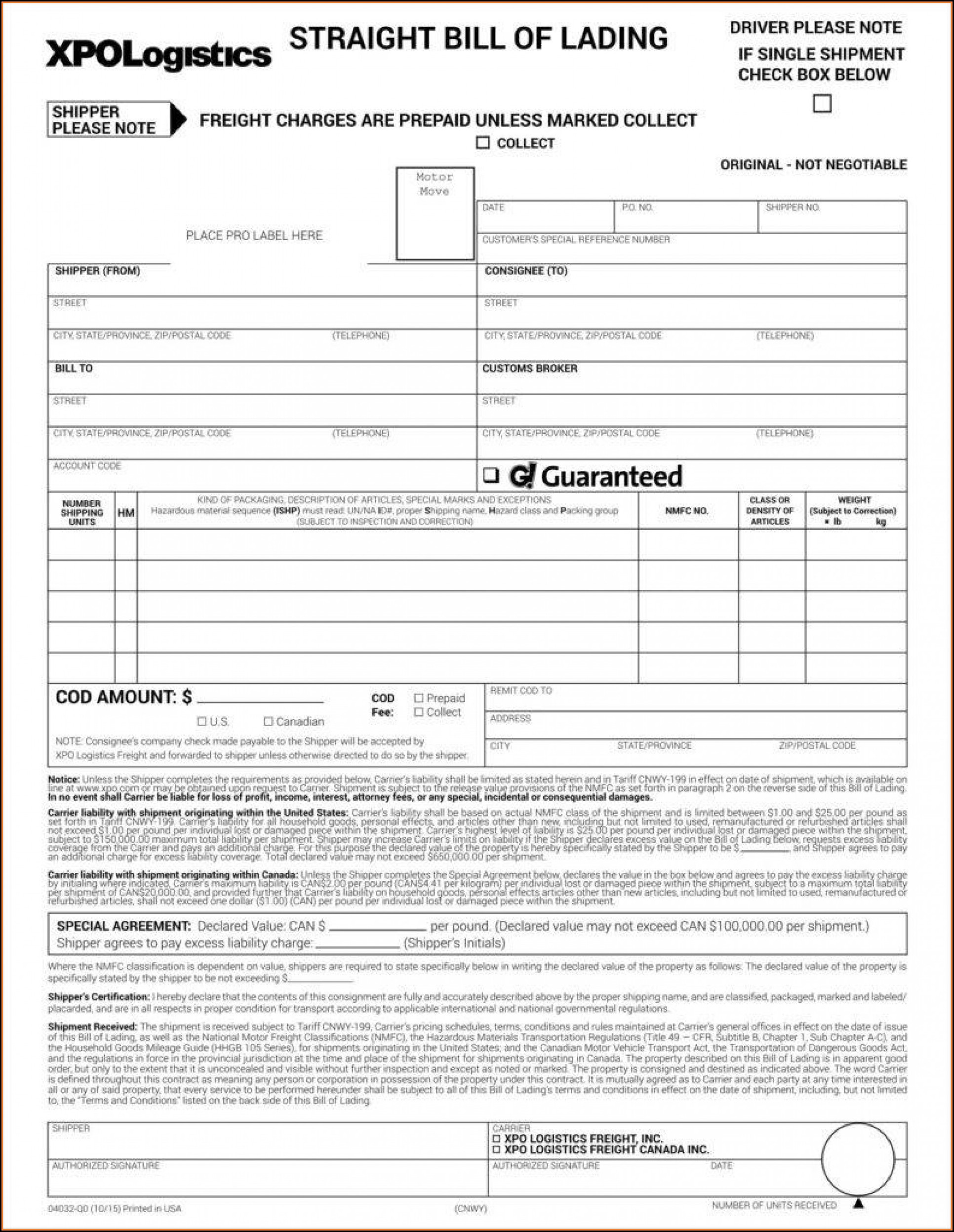 Printable Straight Bill Of Lading Form