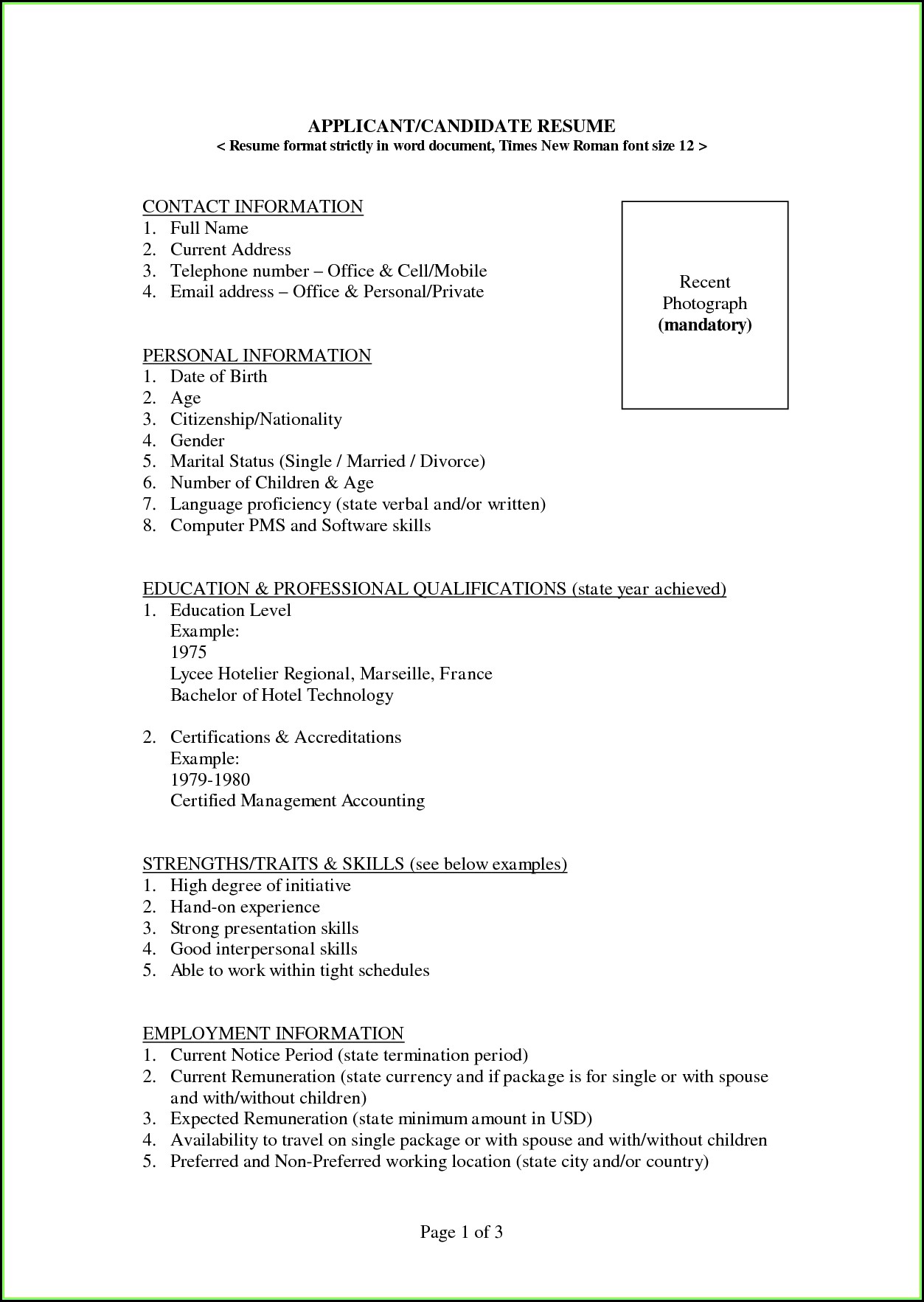 Resume Blank Format Word