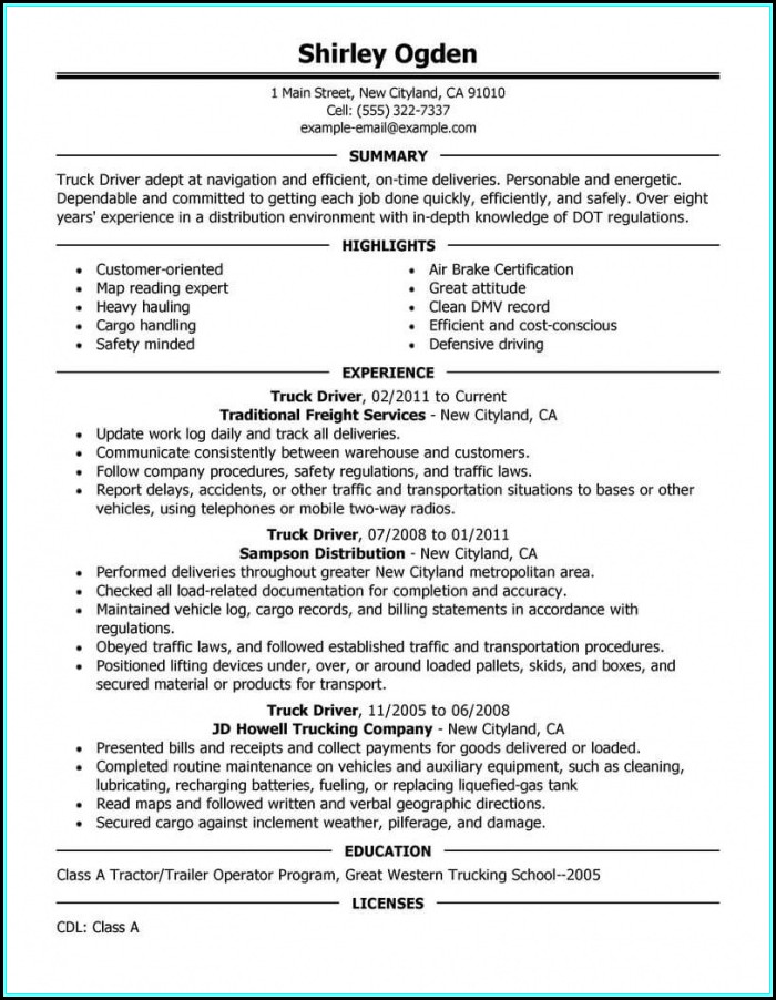Resume For Truck Driver Example