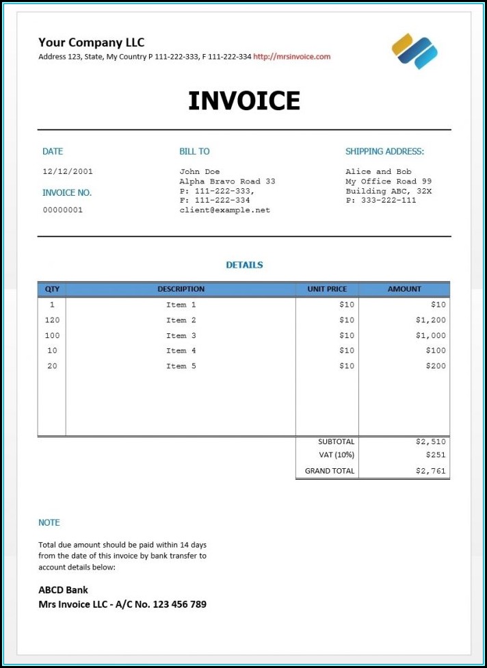 Sample Invoice Document Word