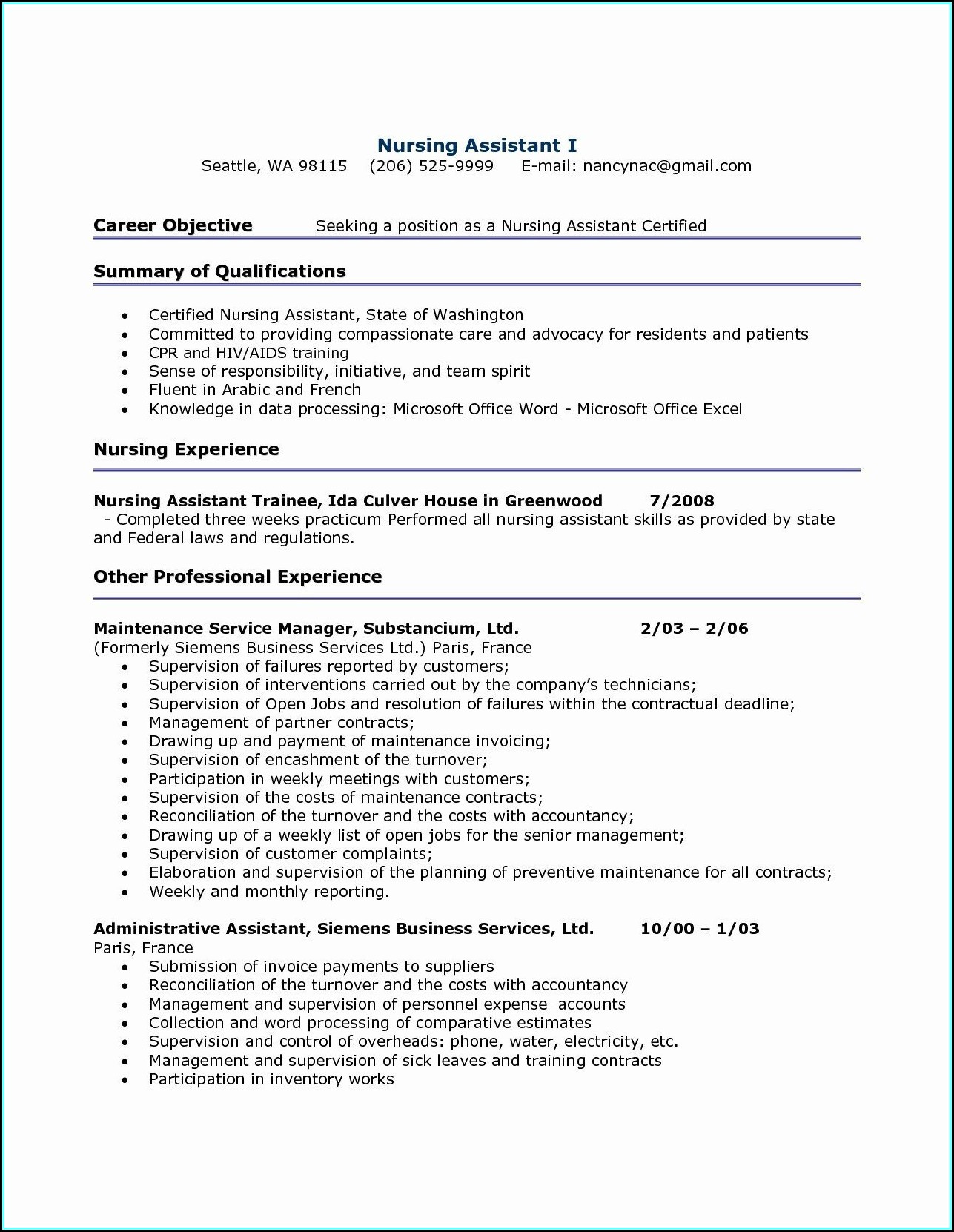 Sample Resume For Certified Nurse Aide