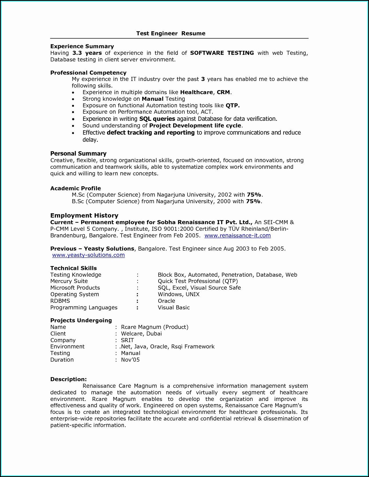 Sample Resume For Job Experience